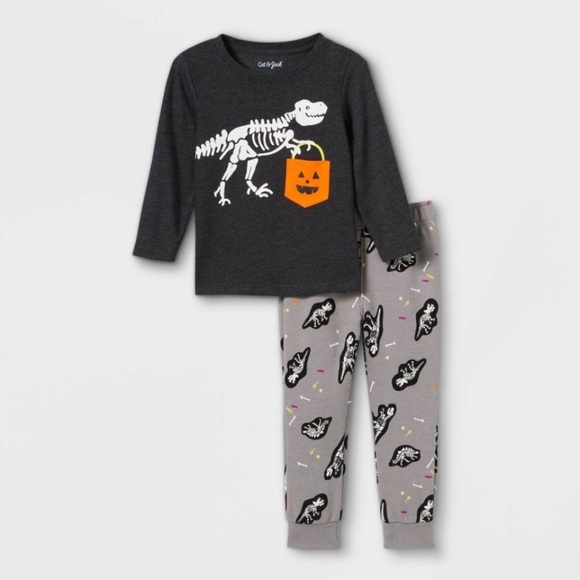 CAT & JACK 2PC DINOSAURS & PUMPKINS SET - GRAY SIZES 12M, 3T, 4T (NEW WITH TAGS) - Picture 1 of 3